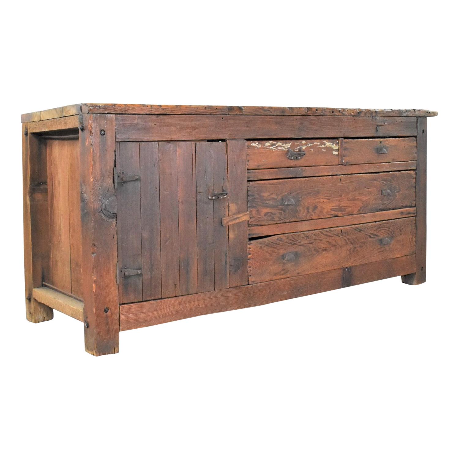 Antique Rustic Primitive Pine Factory Cabinet or Work Bench with Age Patina