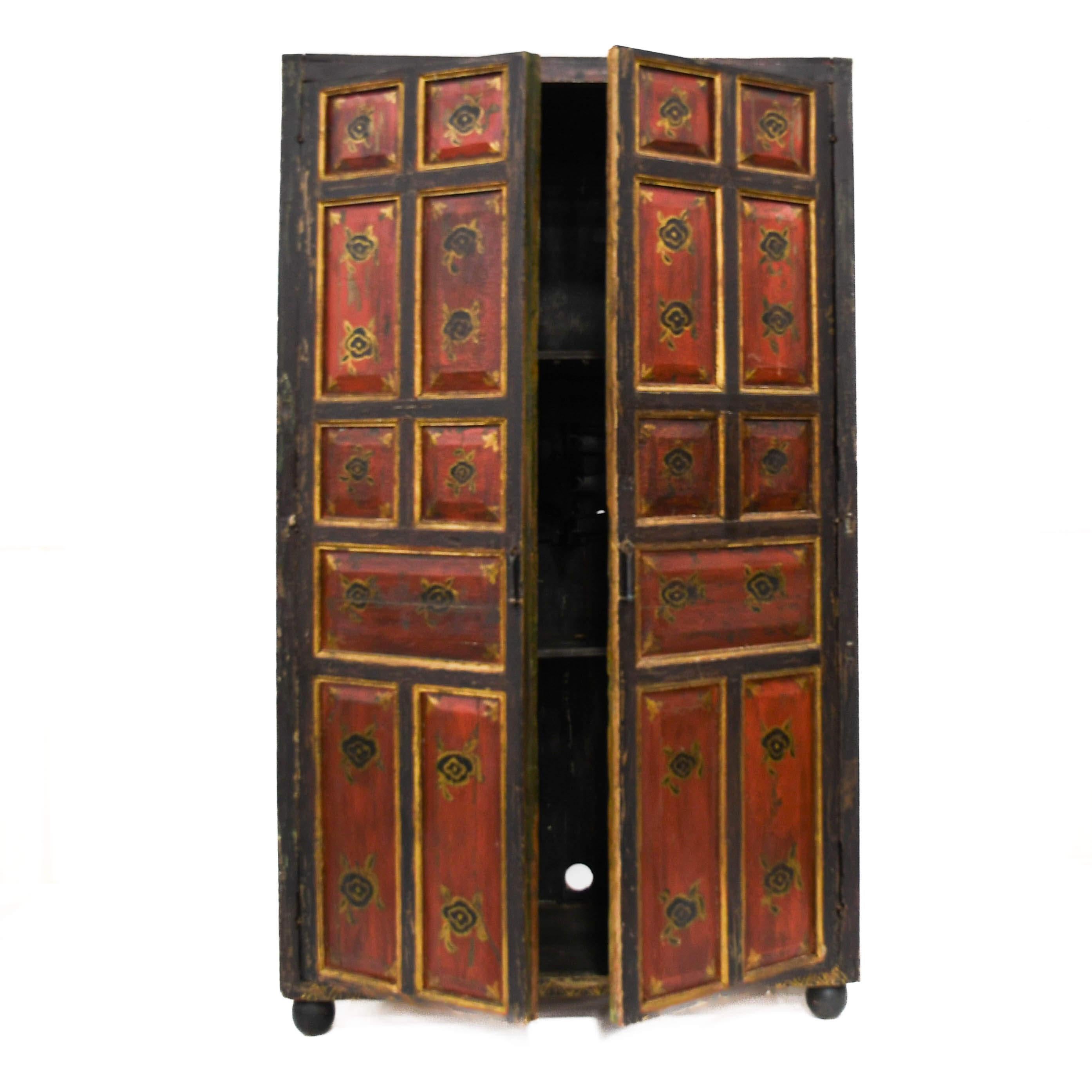 Asian Antique Rustic Red and Black Cabinet For Sale