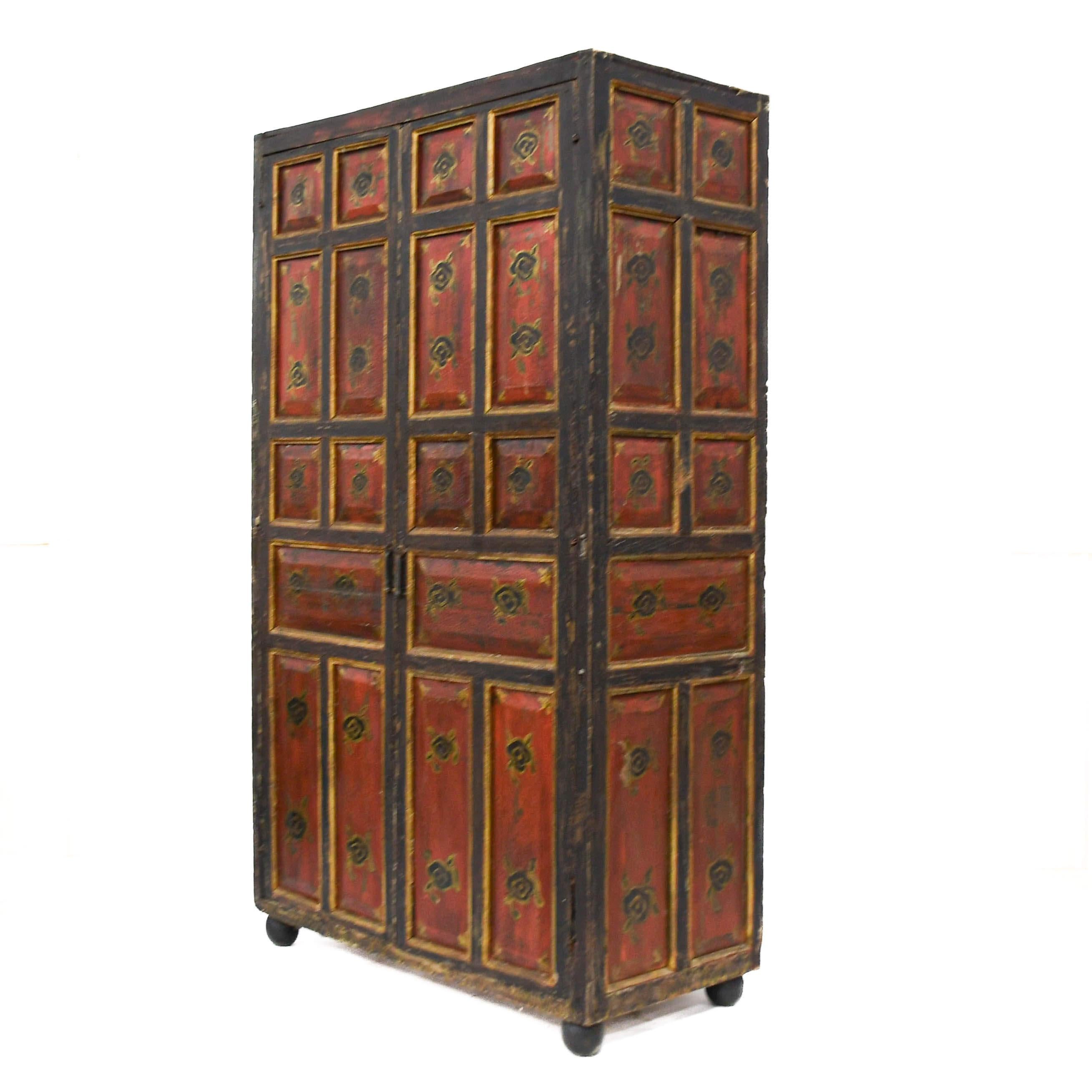 Antique Rustic Red and Black Cabinet In Distressed Condition For Sale In MC Leansville, NC