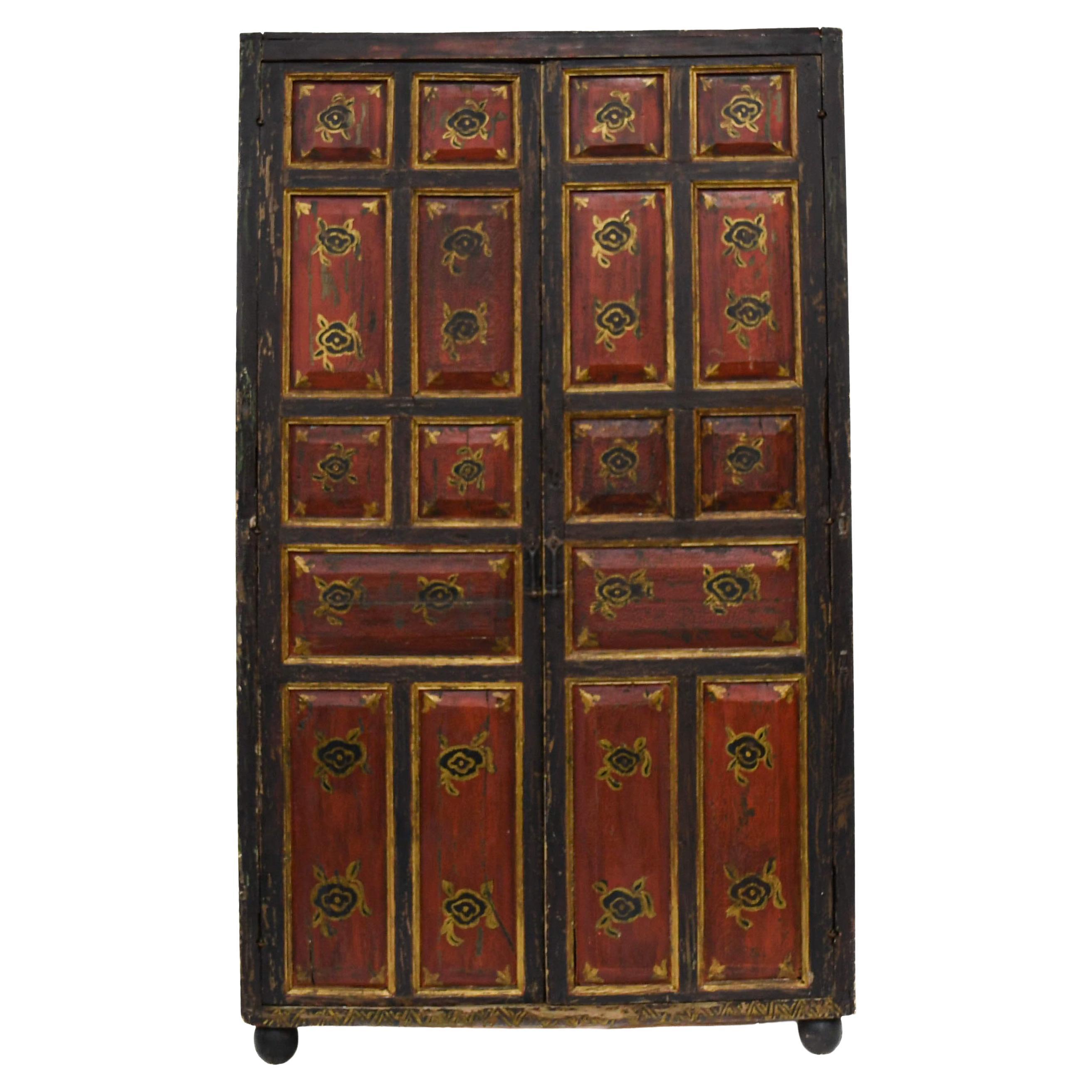 Antique Rustic Red and Black Cabinet For Sale