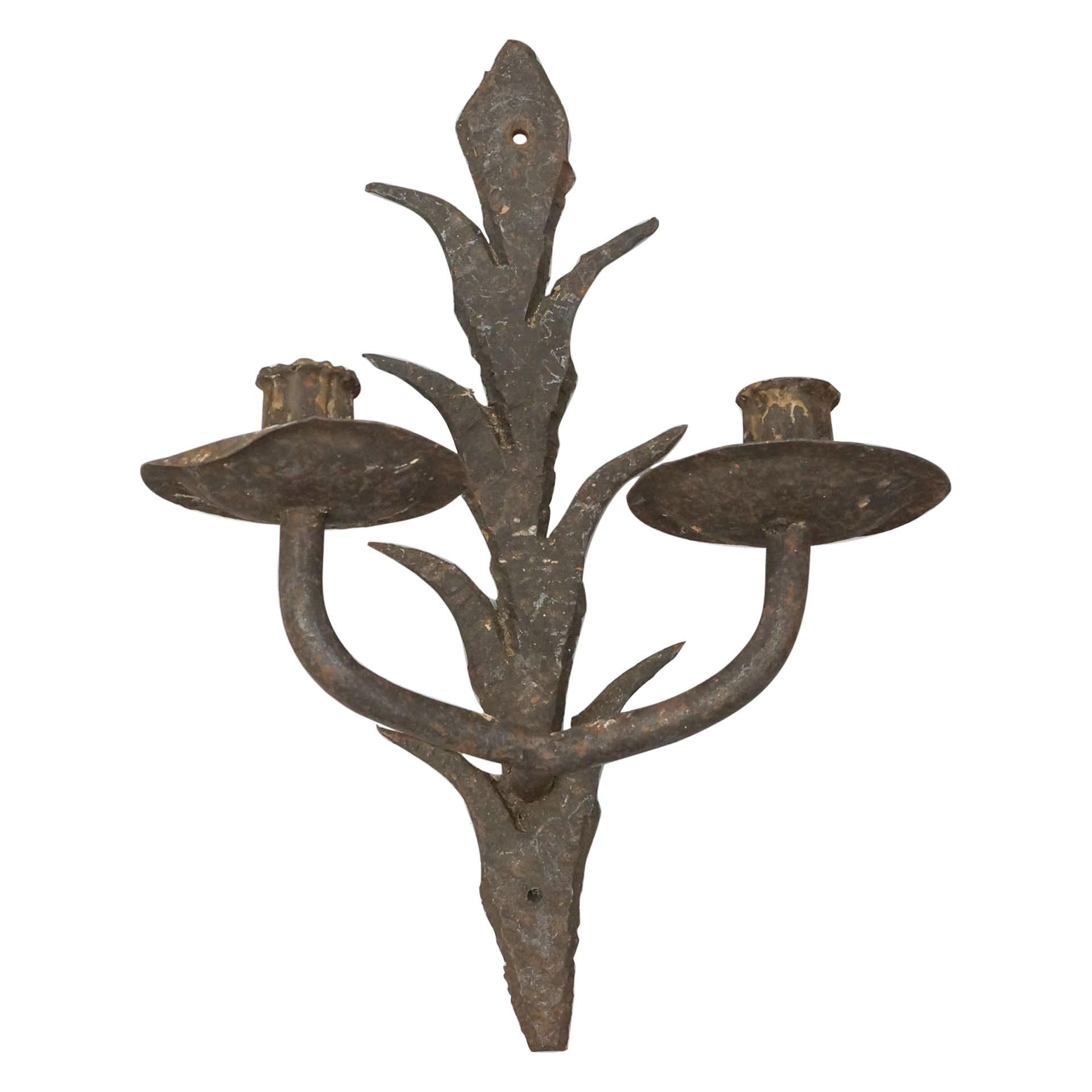 Antique Rustic Spanish Wall Chandelier in Wrought Iron For Sale