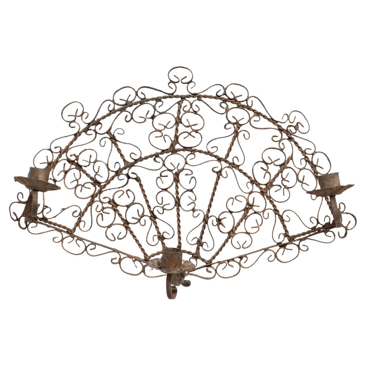 Antique Rustic Spanish Wall Metal Chandelier, circa 1950 For Sale