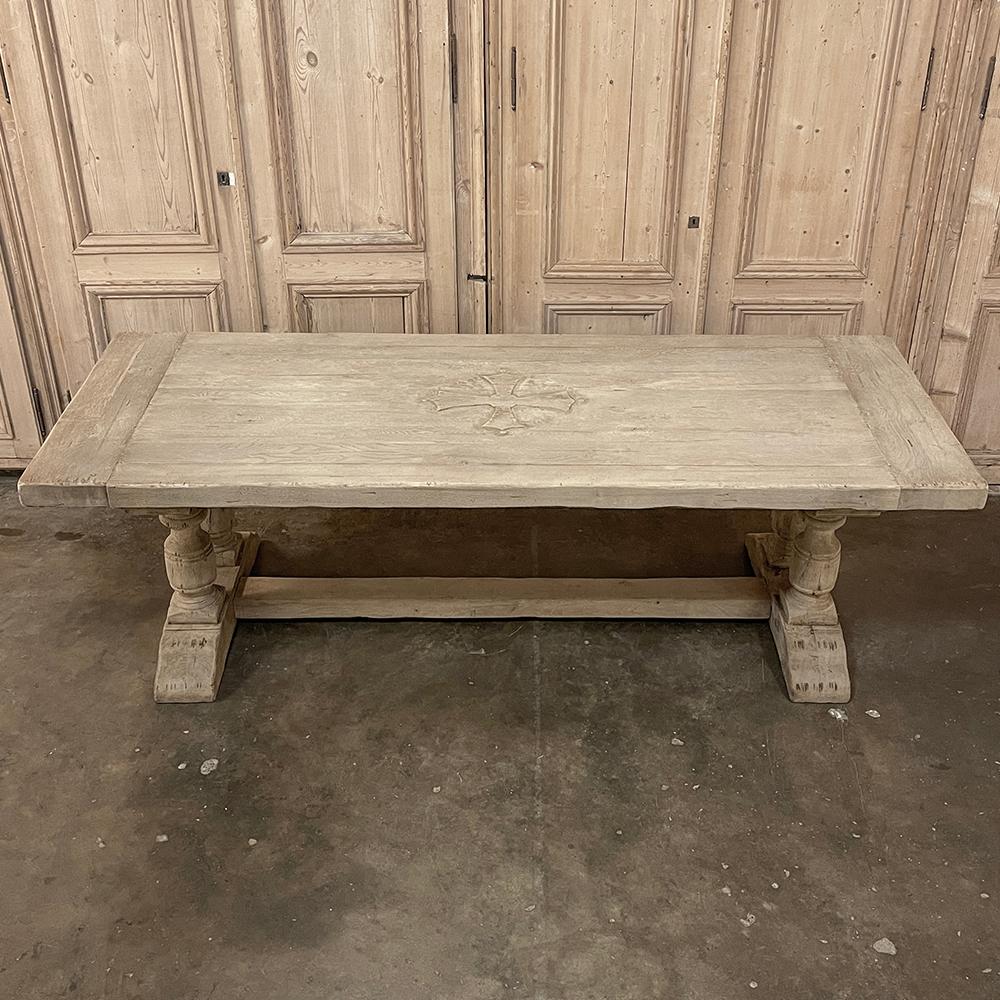 Hand-Carved Antique Rustic Stripped Oak Trestle Table For Sale