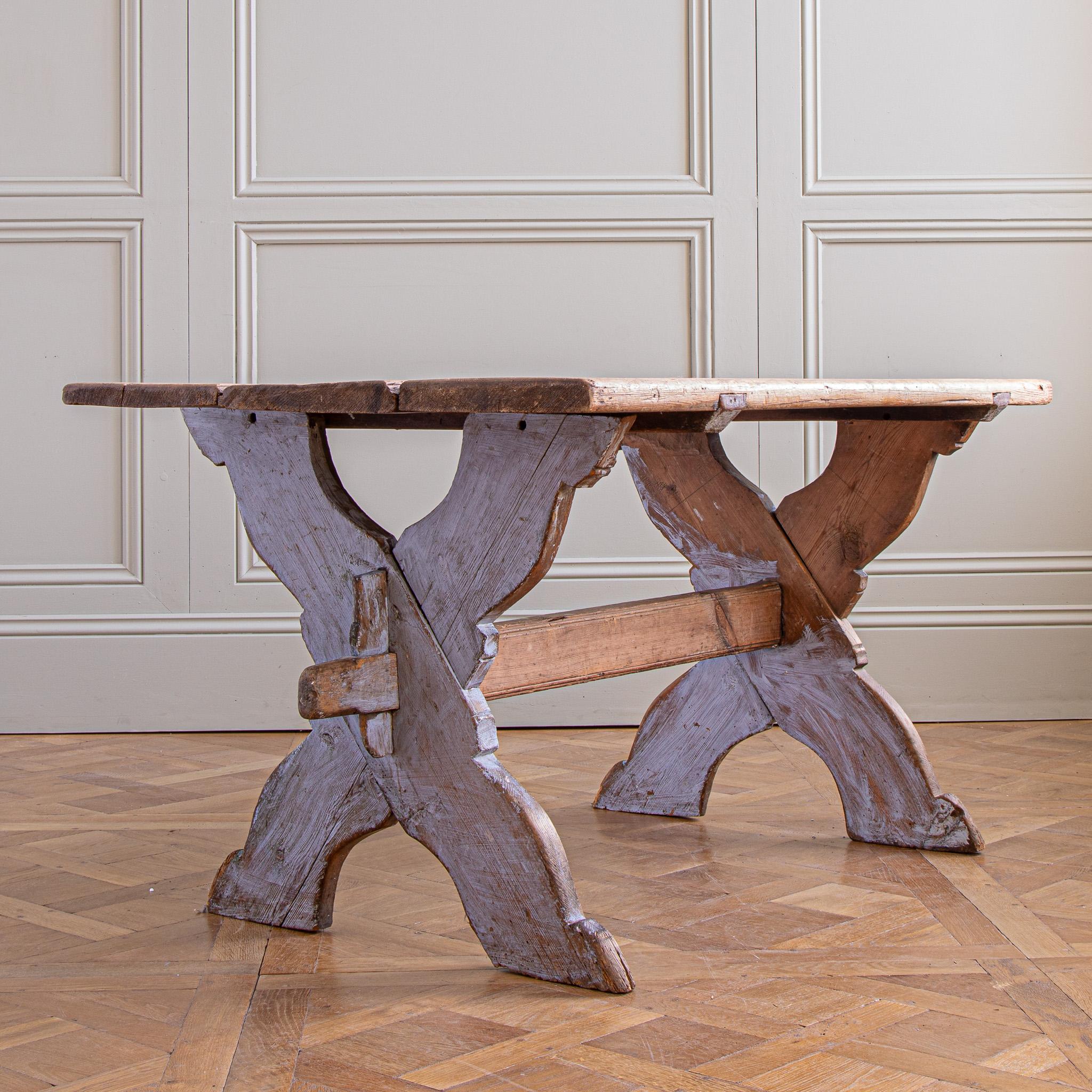 Antique Rustic Swedish Farm House Table With Chalk Blue Patina Circa 1860 For Sale 4