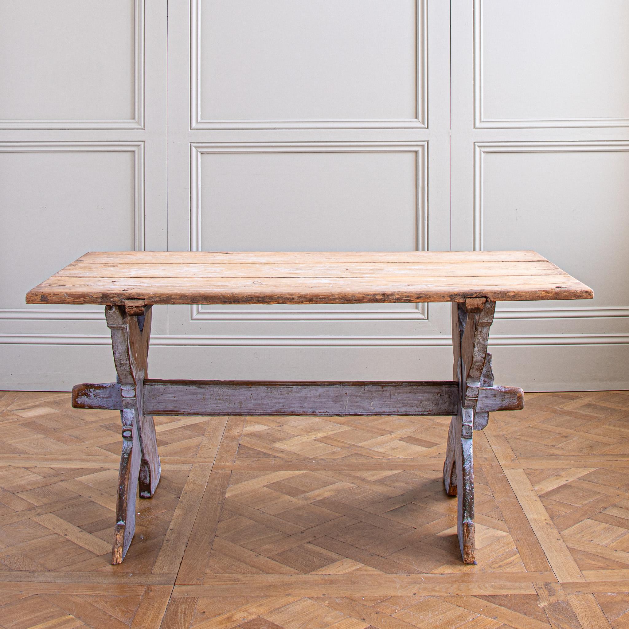 Gustavian Antique Rustic Swedish Farm House Table With Chalk Blue Patina Circa 1860 For Sale