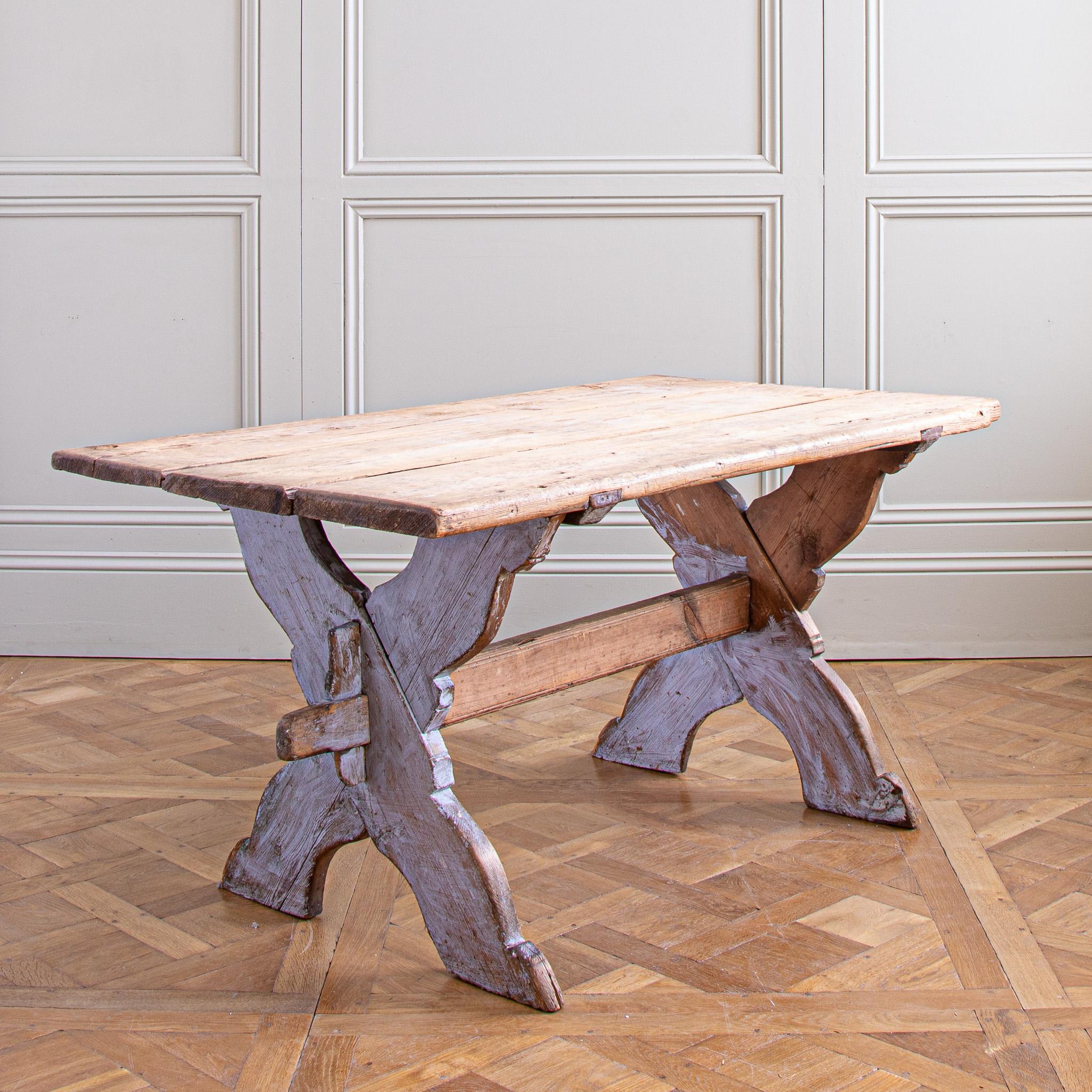 19th Century Antique Rustic Swedish Farm House Table With Chalk Blue Patina Circa 1860 For Sale