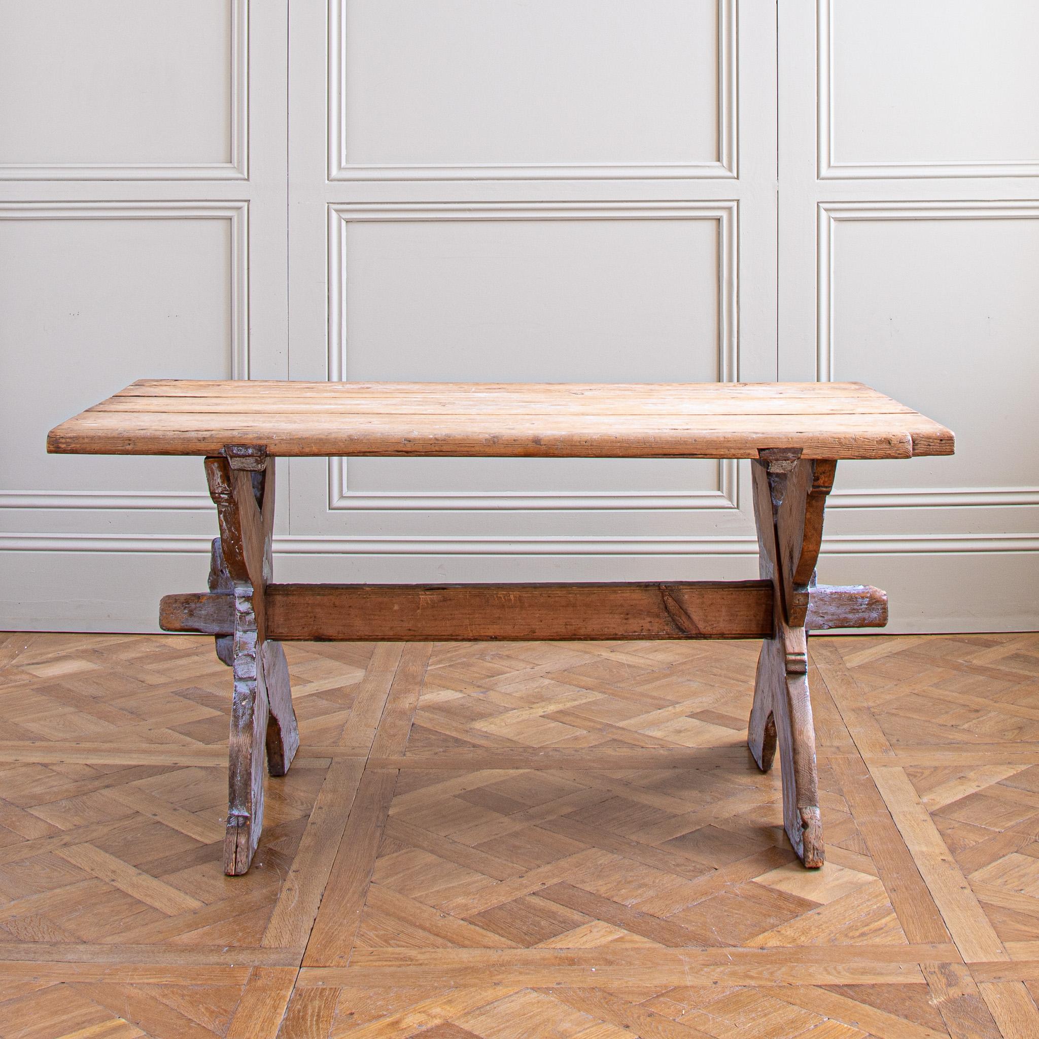 Pine Antique Rustic Swedish Farm House Table With Chalk Blue Patina Circa 1860 For Sale