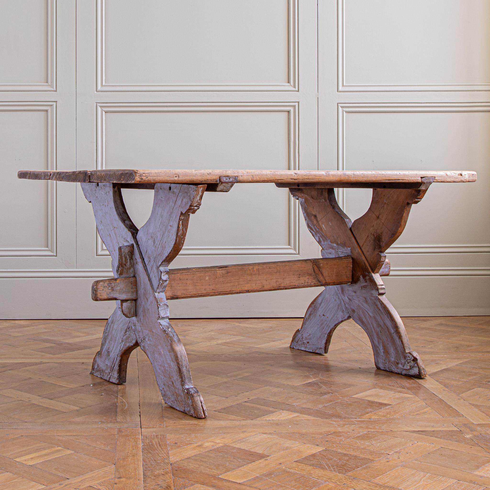 Antique Rustic Swedish Farm House Table With Chalk Blue Patina Circa 1860 For Sale 3