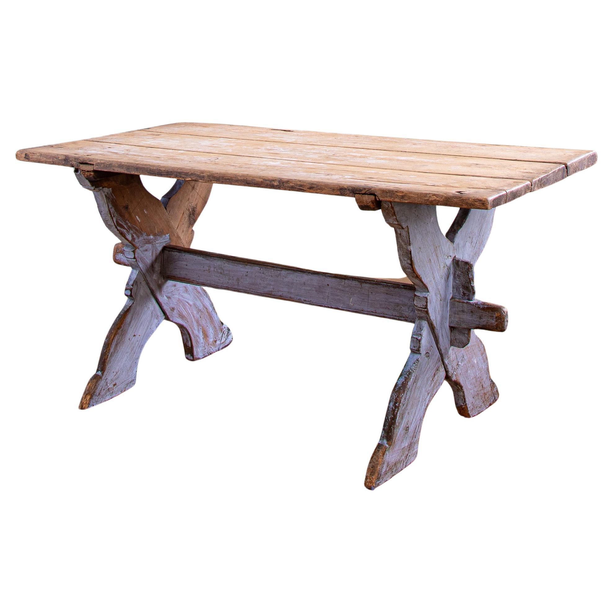 Antique Rustic Swedish Farm House Table With Chalk Blue Patina Circa 1860