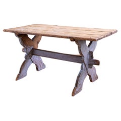 Used Rustic Swedish Farm House Table With Chalk Blue Patina Circa 1860
