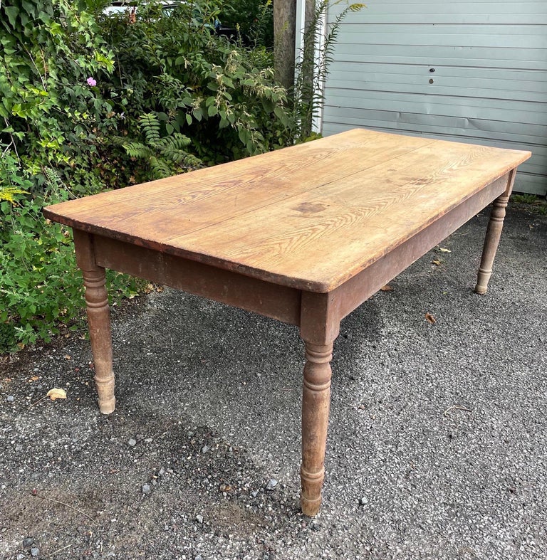 Antique Rustic Turned Leg Extra Wide Plank Top Pine Farm Table For Sale