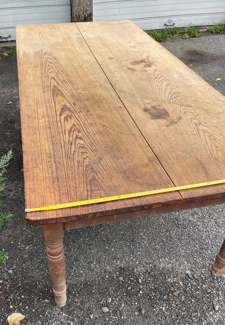 Antique Rustic Turned Leg Extra Wide Plank Top Pine Farm Table For Sale at 1stDibs