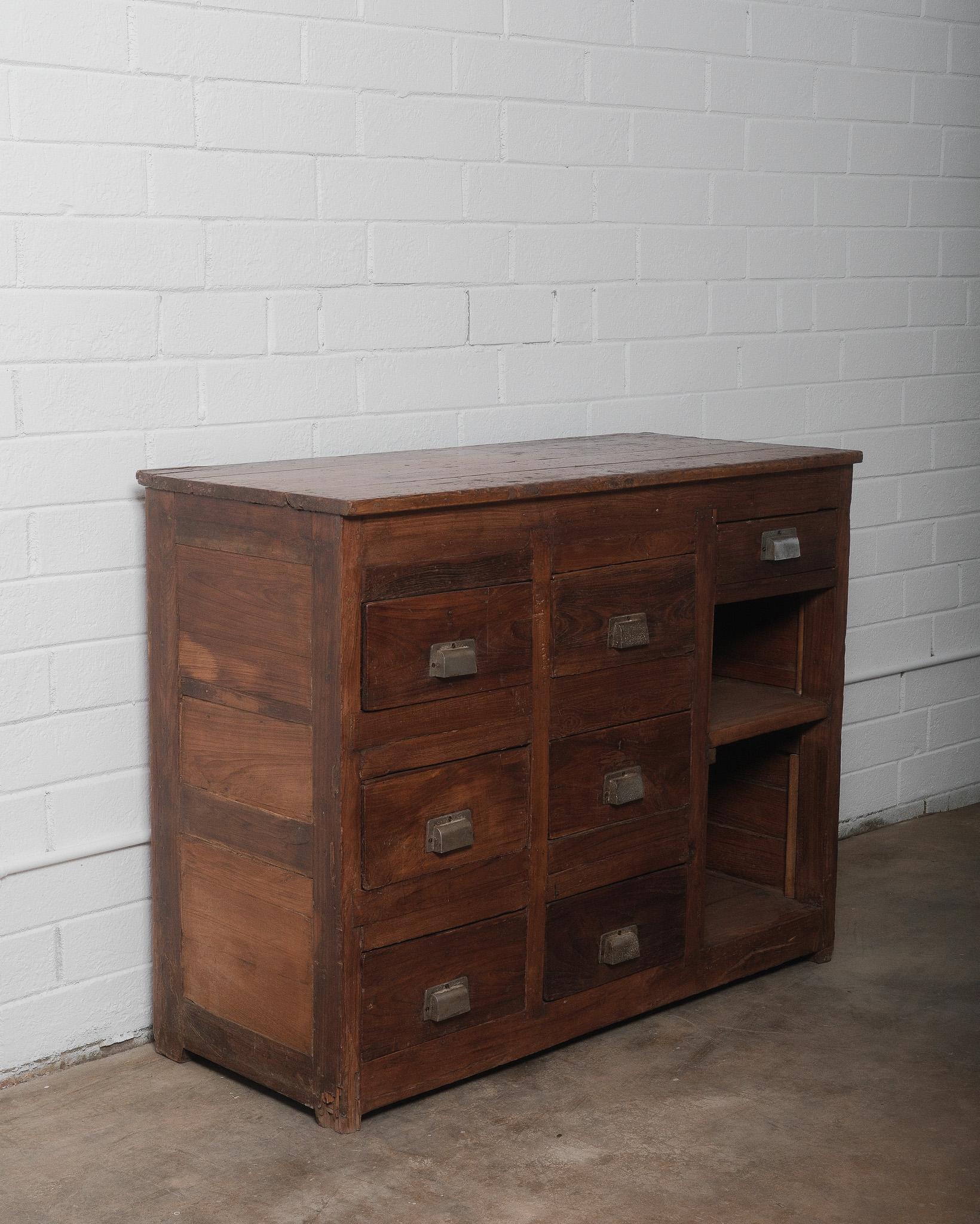 Antique Rustic Wooden Apothecary Cabinet with Metal Handles In Good Condition For Sale In High Point, NC