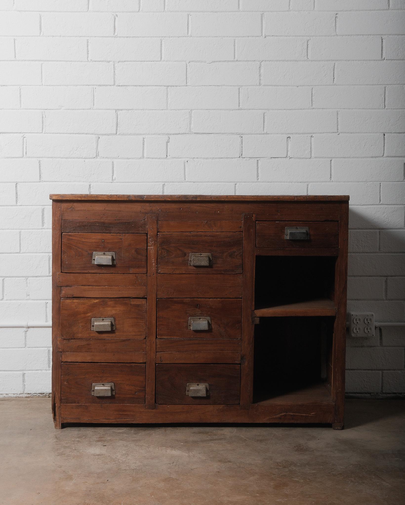 Antique Rustic Wooden Apothecary Cabinet with Metal Handles For Sale 1
