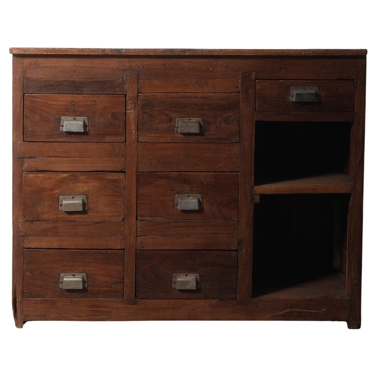 Antique Rustic Wooden Apothecary Cabinet with Metal Handles For Sale