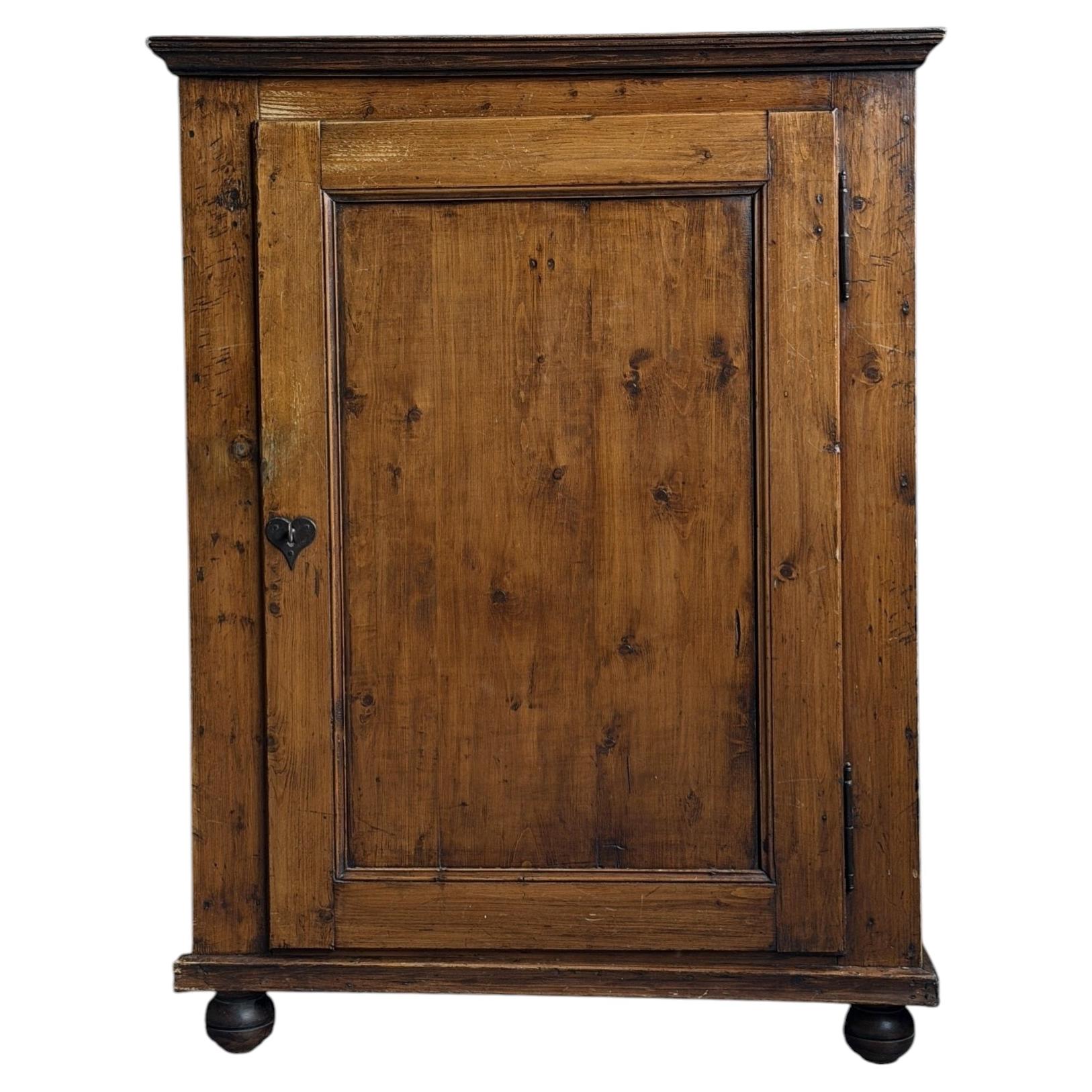 Antique Rustic Wooden One-Door Cabinet with Original Patina and Heart Latch