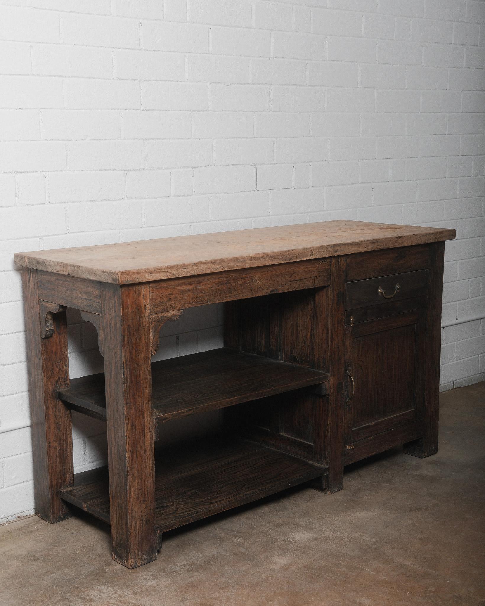 Metal Antique Rustic Wooden Workbench Console Table  19th Century Farmhouse Style For Sale