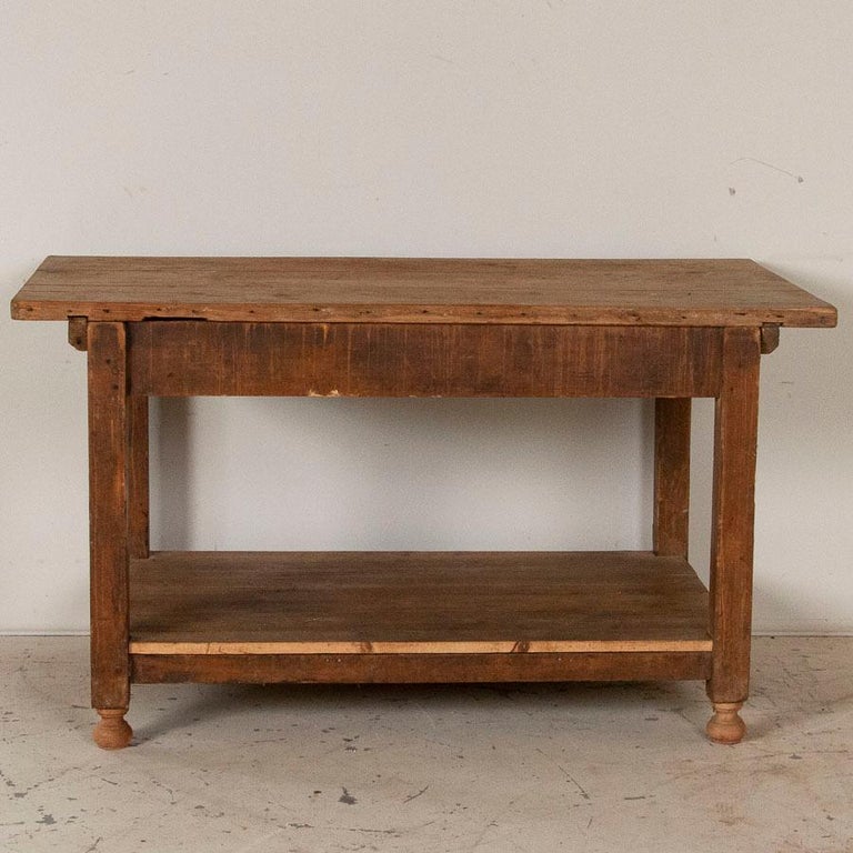 Antique Rustic Work Table with Drawer and Shelf, Good Small Island at
