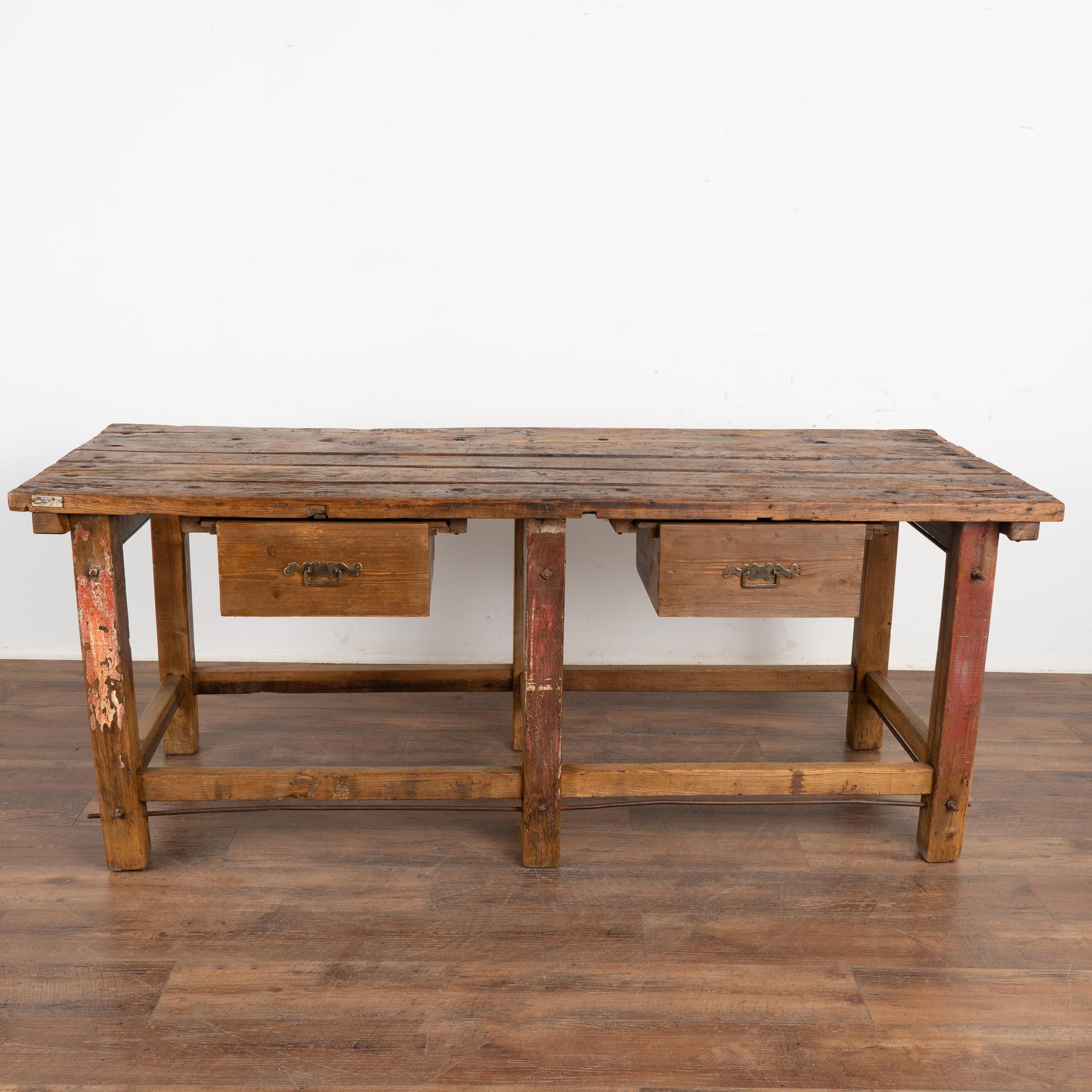 Hungarian Antique Rustic Work Table With Two Drawers from Hungary circa 1880 For Sale