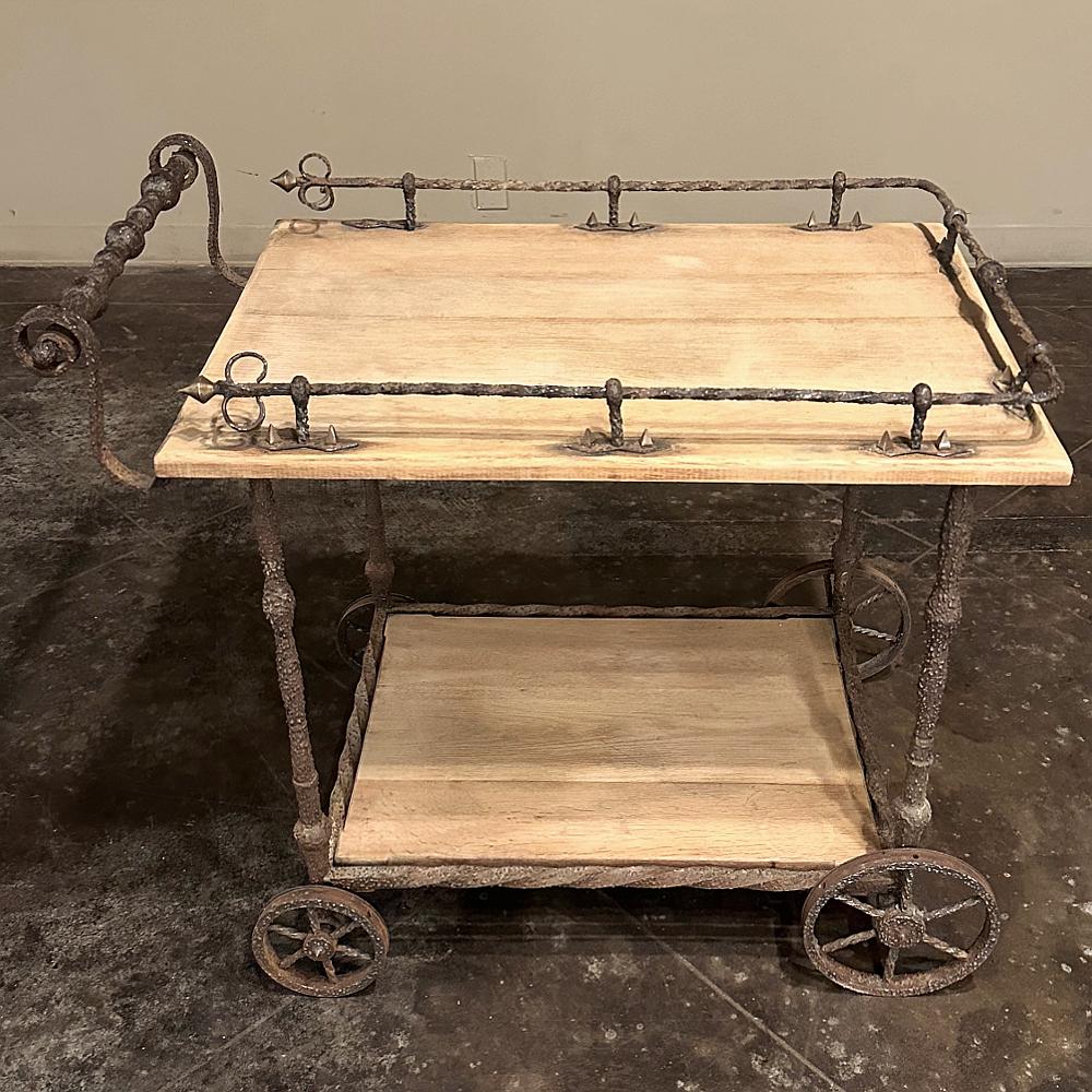 Antique Rustic Wrought Iron and Butcher Block Bar Cart For Sale 4