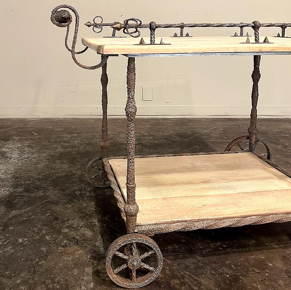 Antique Rustic Wrought Iron and Butcher Block Bar Cart For Sale 5