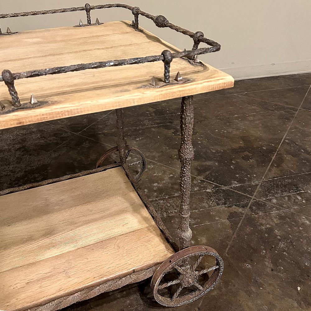Antique Rustic Wrought Iron and Butcher Block Bar Cart For Sale 8