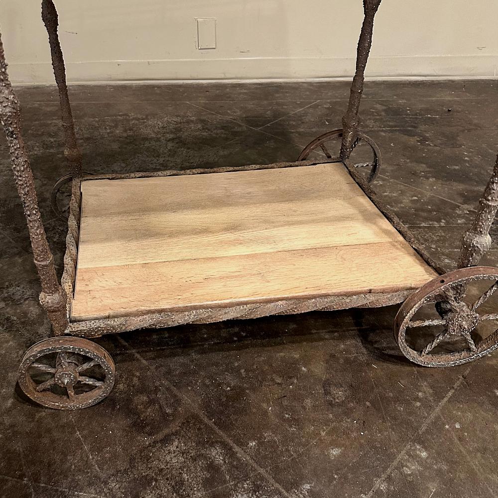 Antique Rustic Wrought Iron and Butcher Block Bar Cart For Sale 12