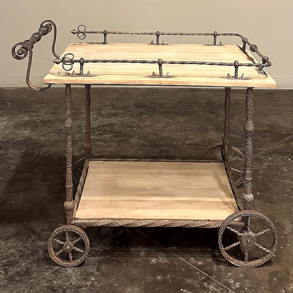 Belgian Antique Rustic Wrought Iron and Butcher Block Bar Cart For Sale