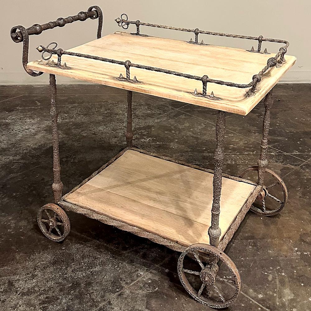 Hand-Crafted Antique Rustic Wrought Iron and Butcher Block Bar Cart For Sale