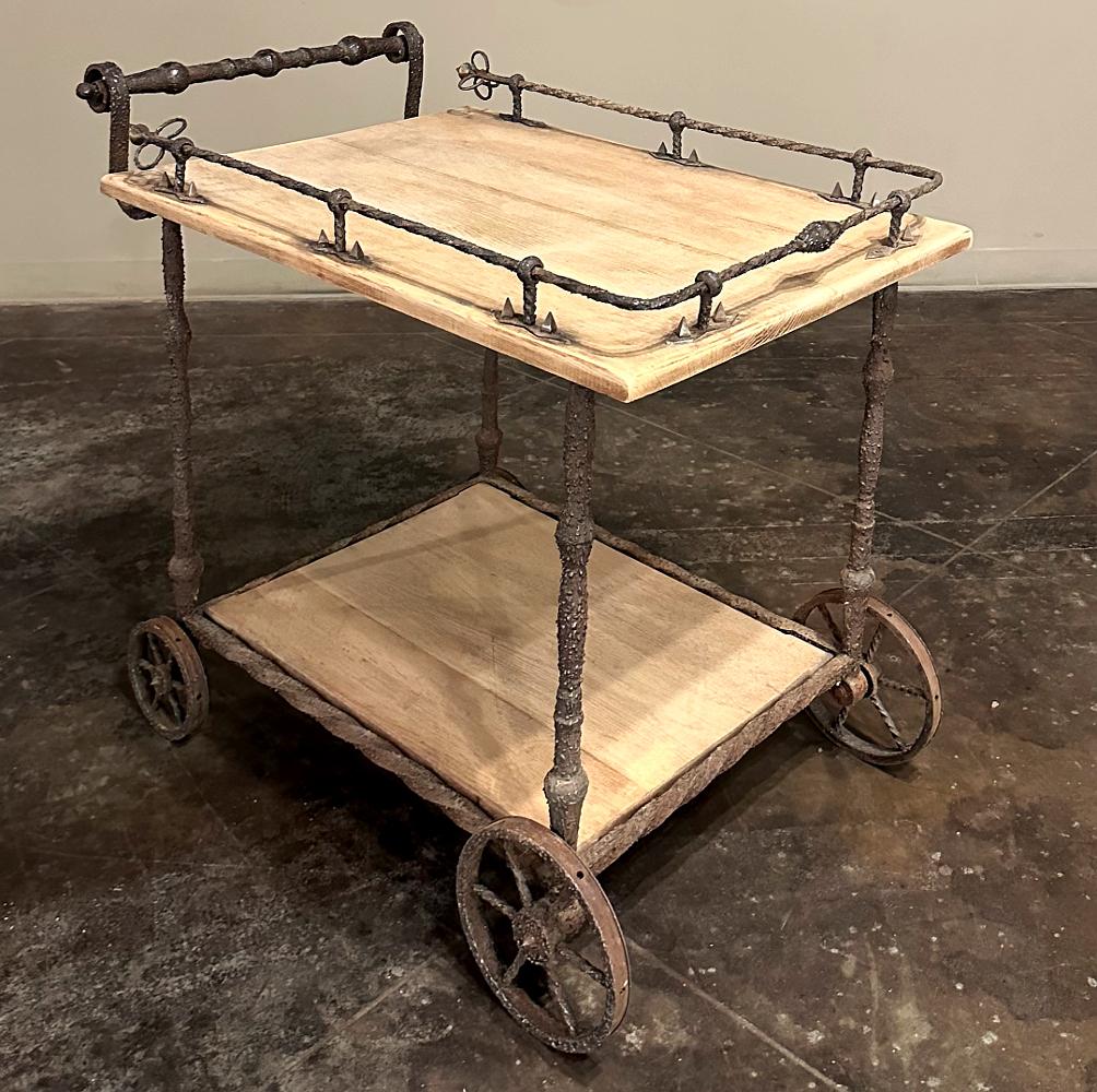 Antique Rustic Wrought Iron and Butcher Block Bar Cart In Good Condition For Sale In Dallas, TX