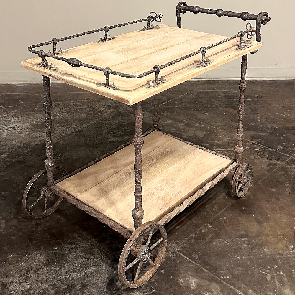Antique Rustic Wrought Iron and Butcher Block Bar Cart For Sale 1