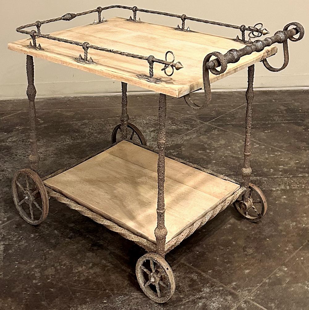 Antique Rustic Wrought Iron and Butcher Block Bar Cart For Sale 2