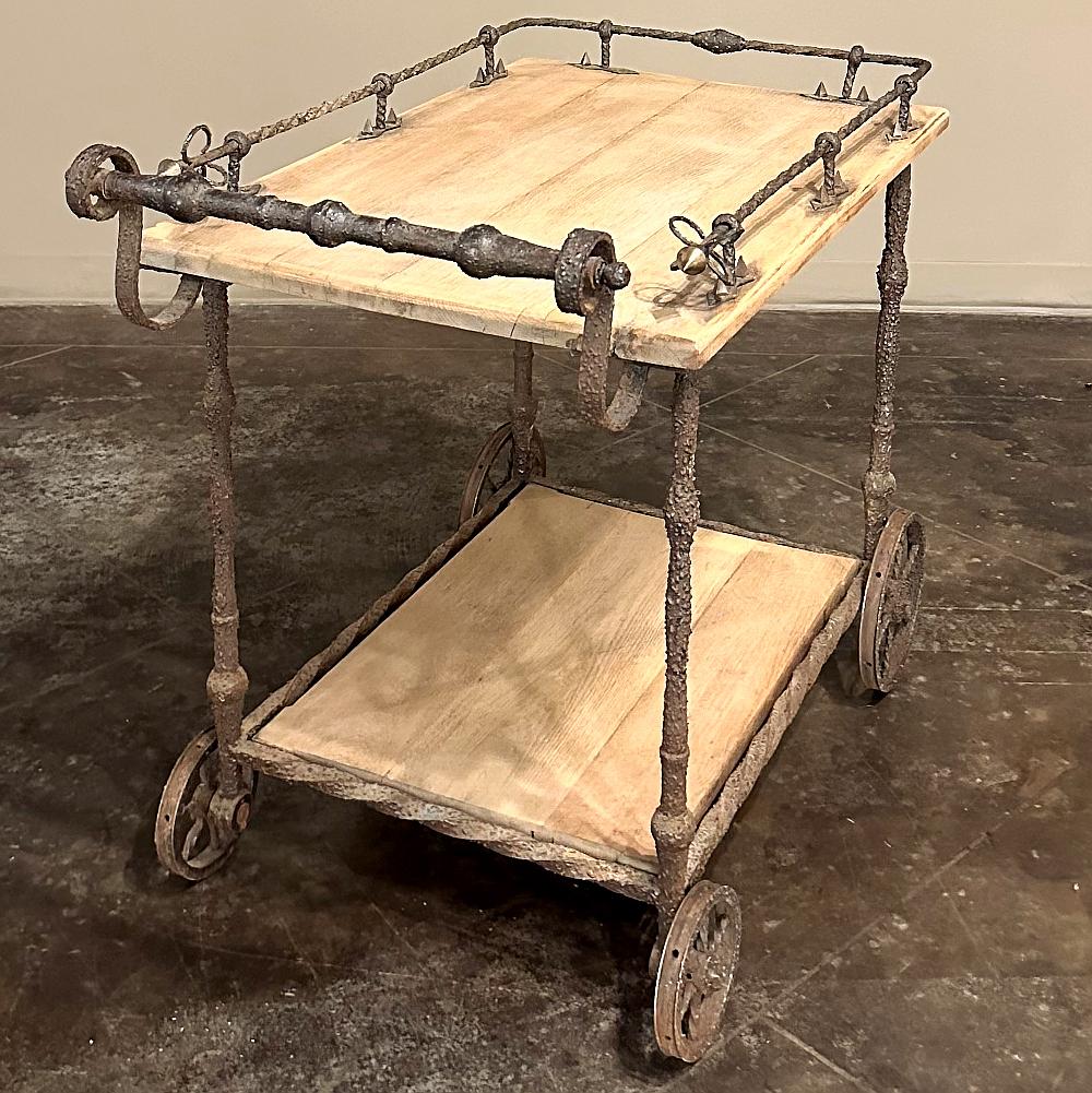 Antique Rustic Wrought Iron and Butcher Block Bar Cart For Sale 3