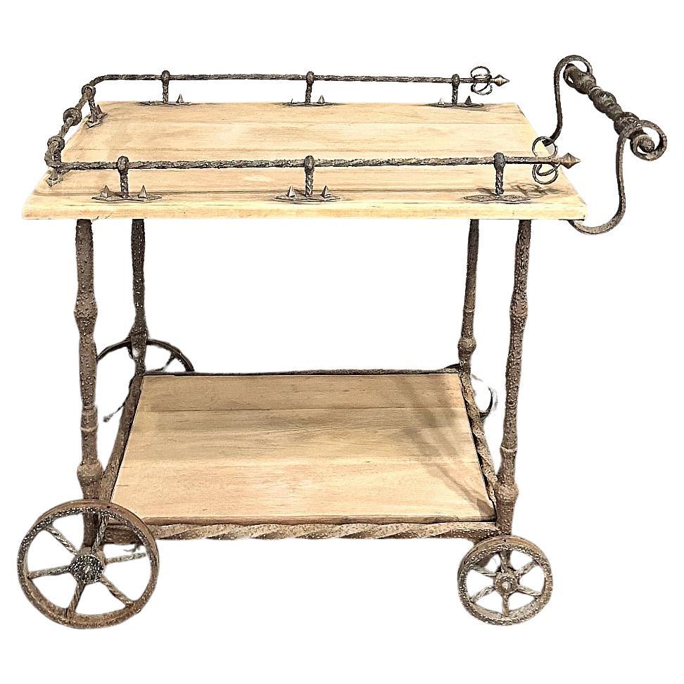 Antique Rustic Wrought Iron and Butcher Block Bar Cart For Sale