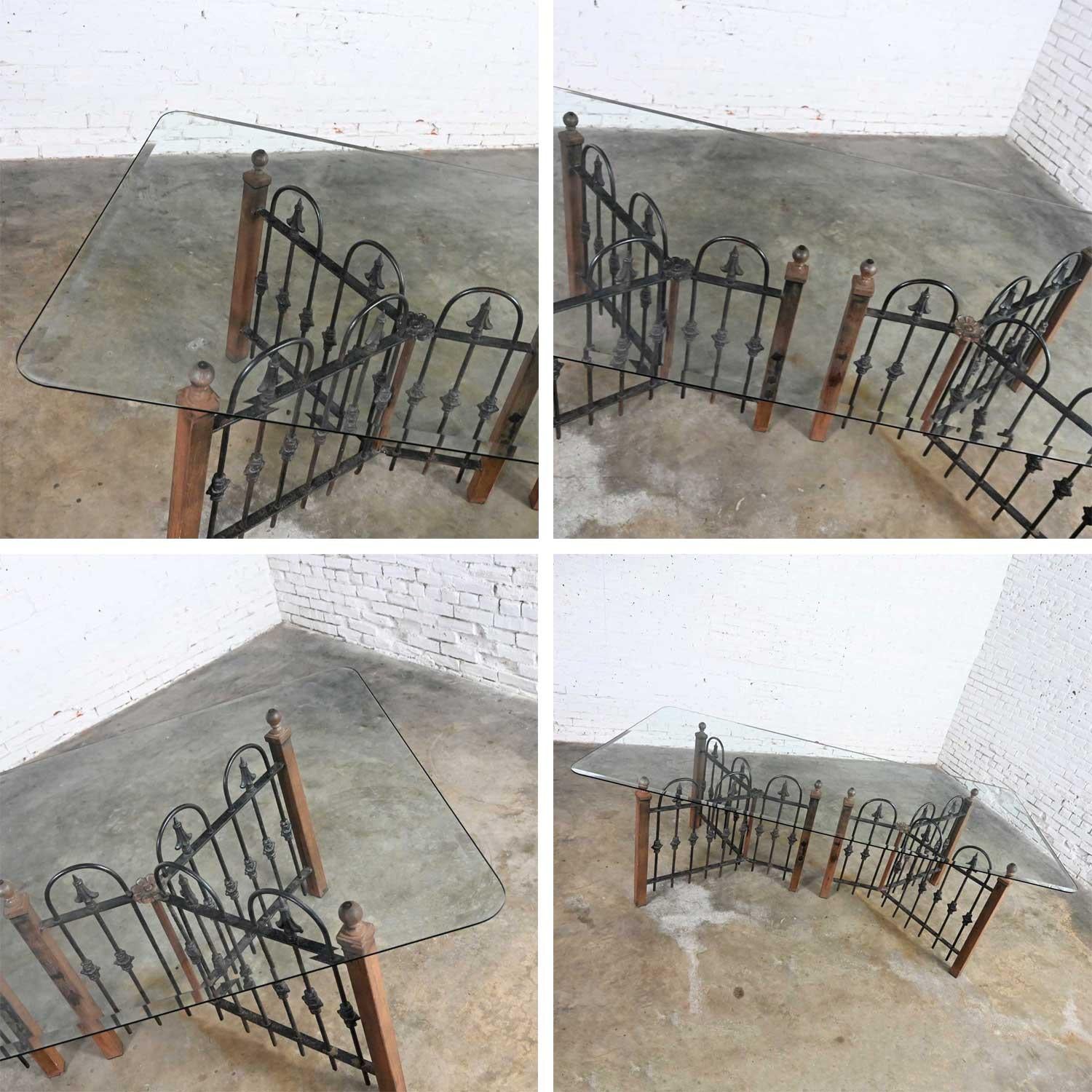 Antique Rustic Wrought Iron Fence Base Custom Dining Table & Beveled Glass Top For Sale 6