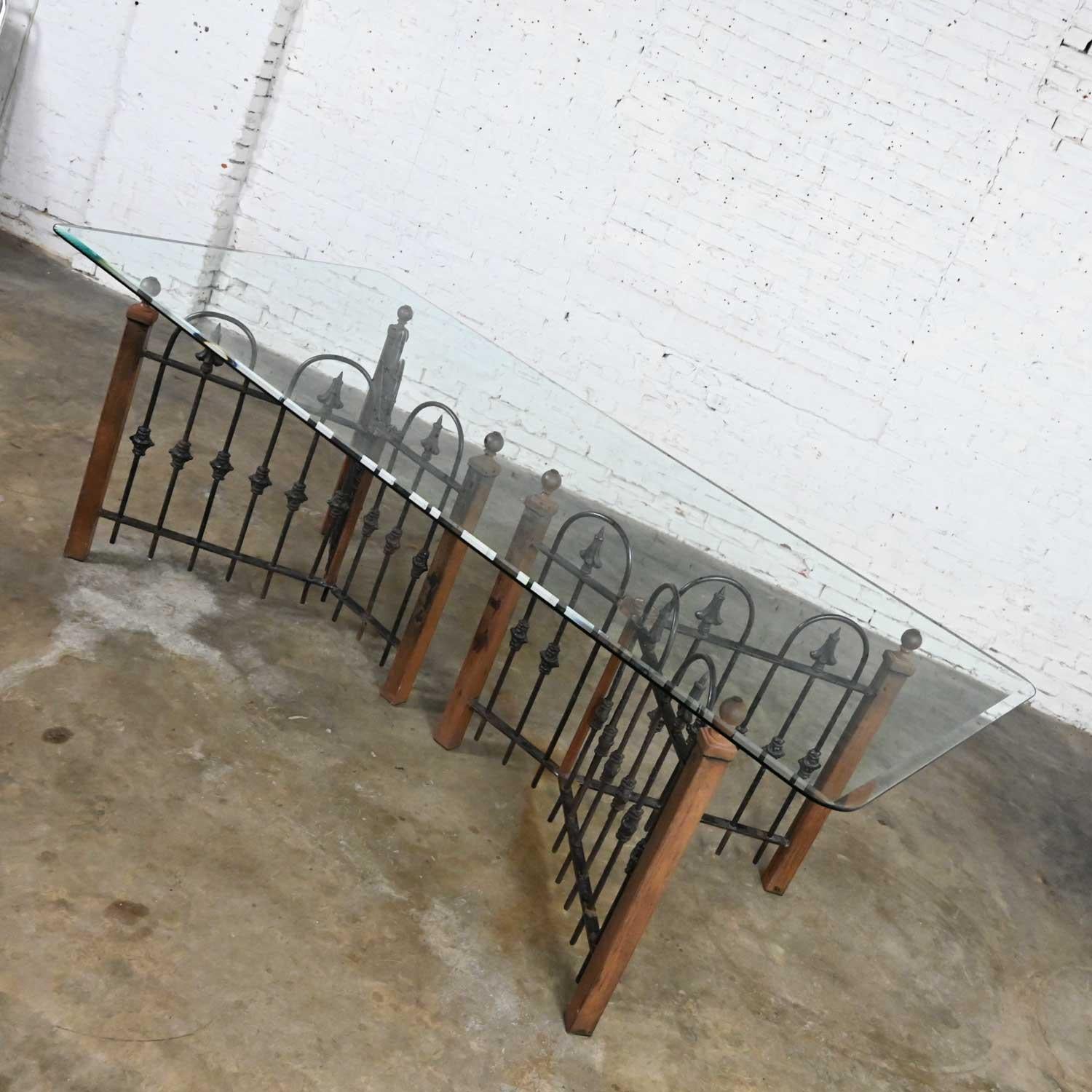 Unknown Antique Rustic Wrought Iron Fence Base Custom Dining Table & Beveled Glass Top For Sale