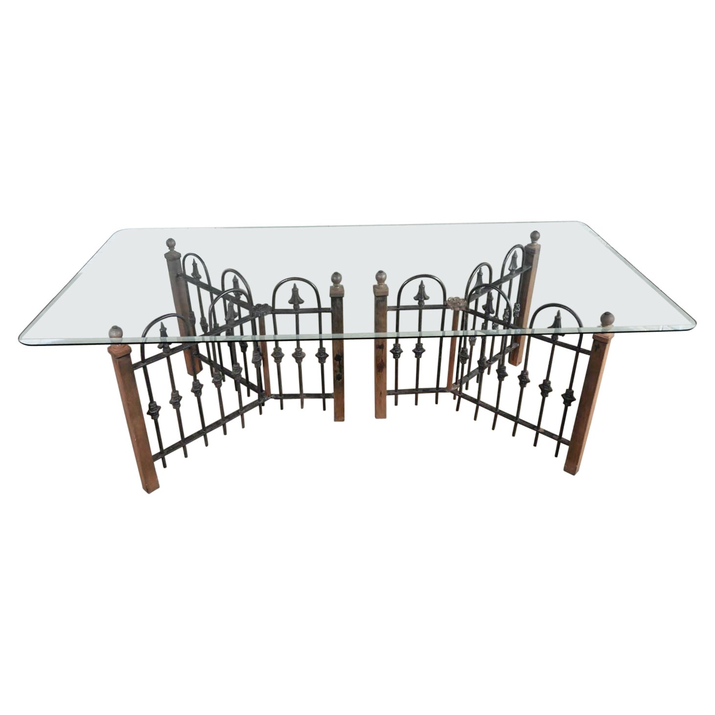 Antike rustikale Schmiedeeisen Zaun Basis benutzerdefinierte Esstisch & Beveled Glasplatte im Angebot