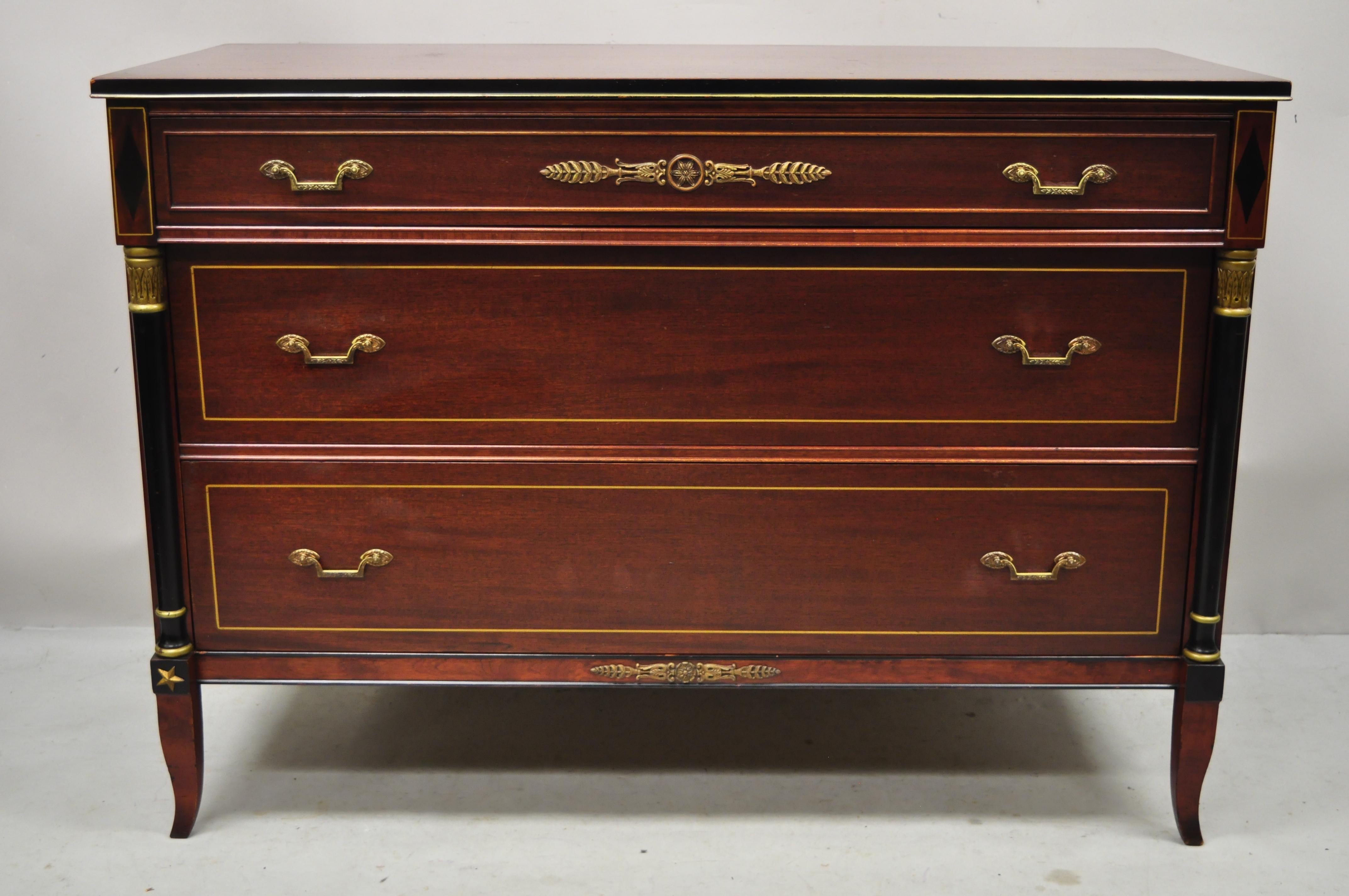 Antique Rway French Empire neoclassical style mahogany 3 drawer dresser chest. Item features black painted accents, beautiful wood grain, nicely carved details, original label, 3 dovetailed drawers, shapely saber legs, solid brass hardware, very