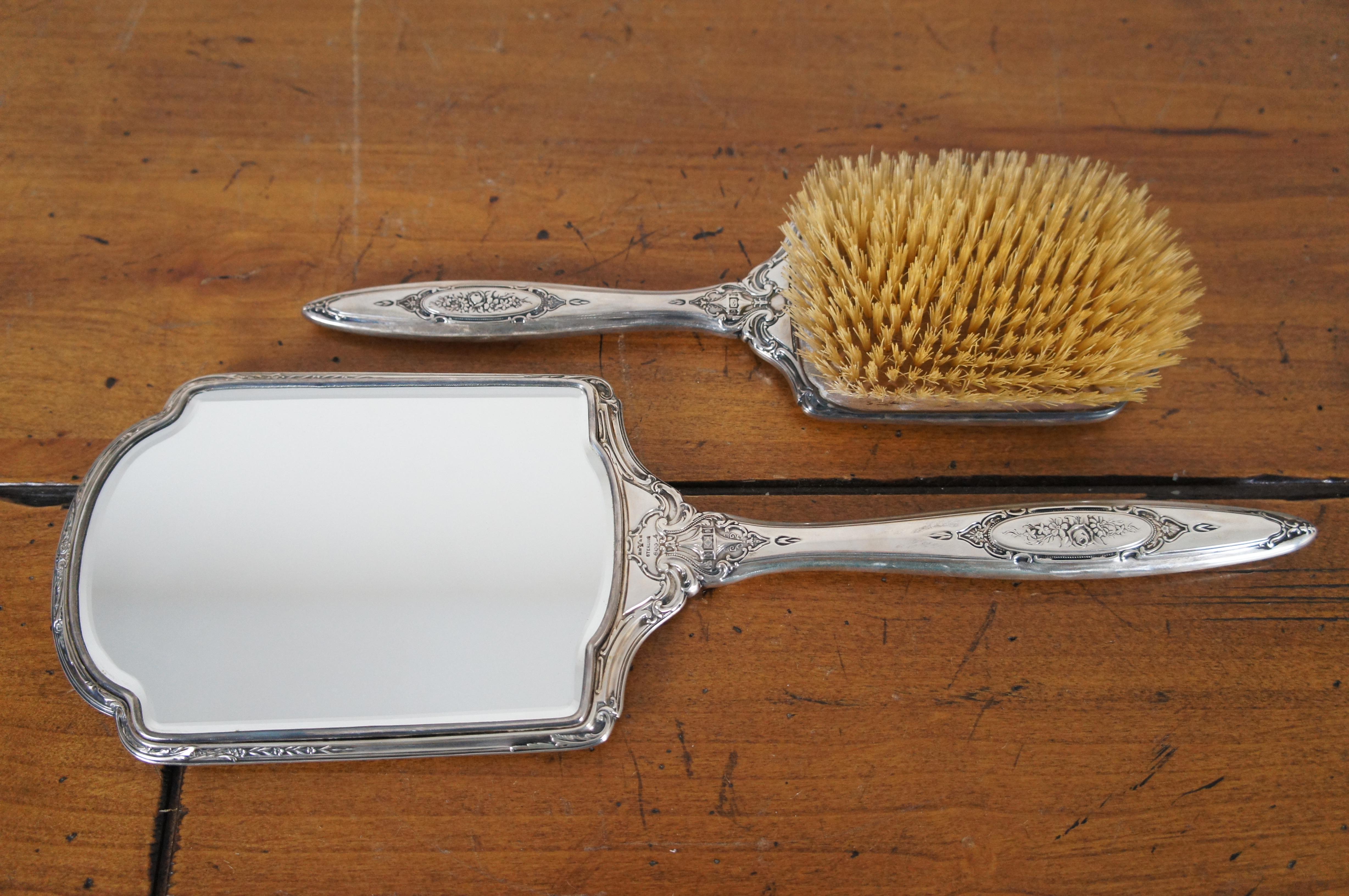 20th Century Antique RW&S Wallace Sterling Silver Art Deco Vainty Dresser Grooming Set & Case For Sale