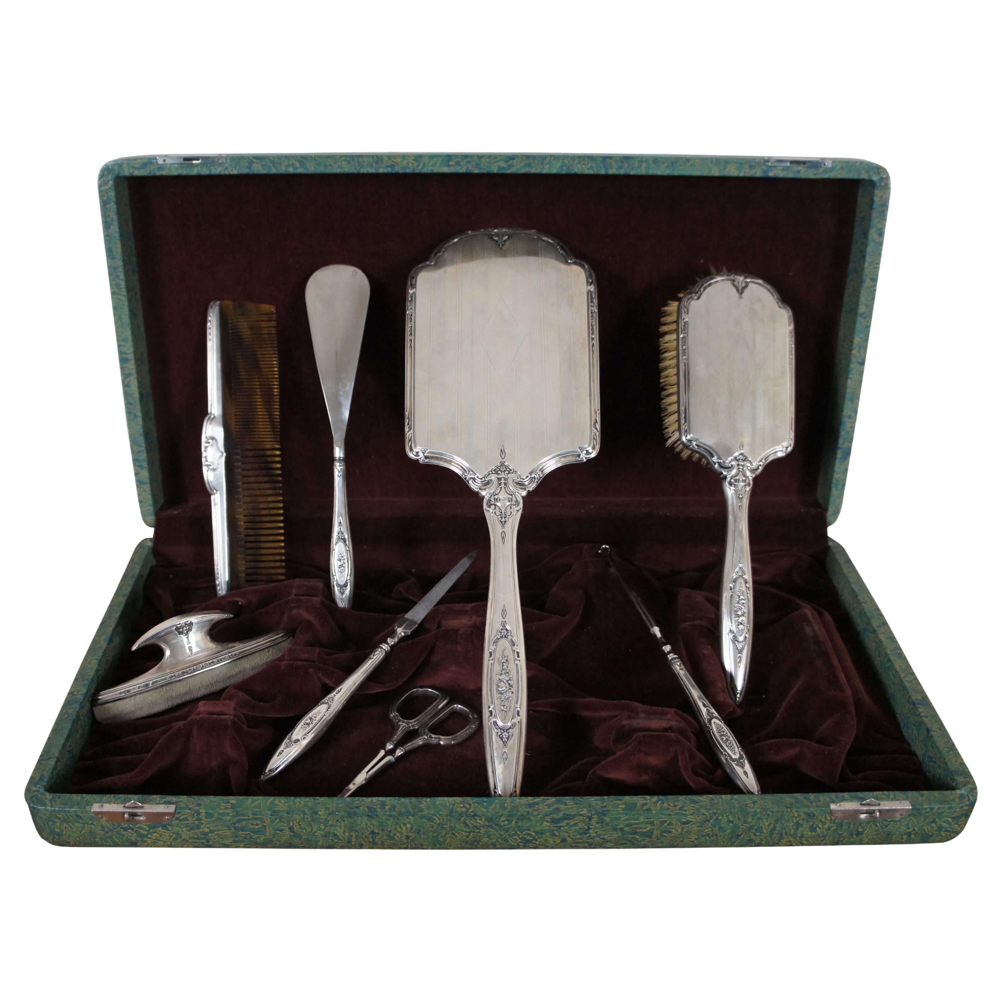 Antique RW&S Wallace Sterling Silver Art Deco Vainty Dresser Grooming Set & Case For Sale