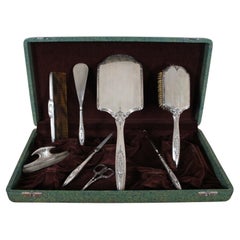 Used RW&S Wallace Sterling Silver Art Deco Vainty Dresser Grooming Set & Case