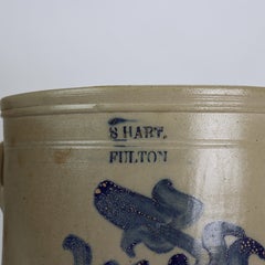 Antique S. Hart 5-Gallon Blue Decorated Stoneware Crock With Floral Motif c1870