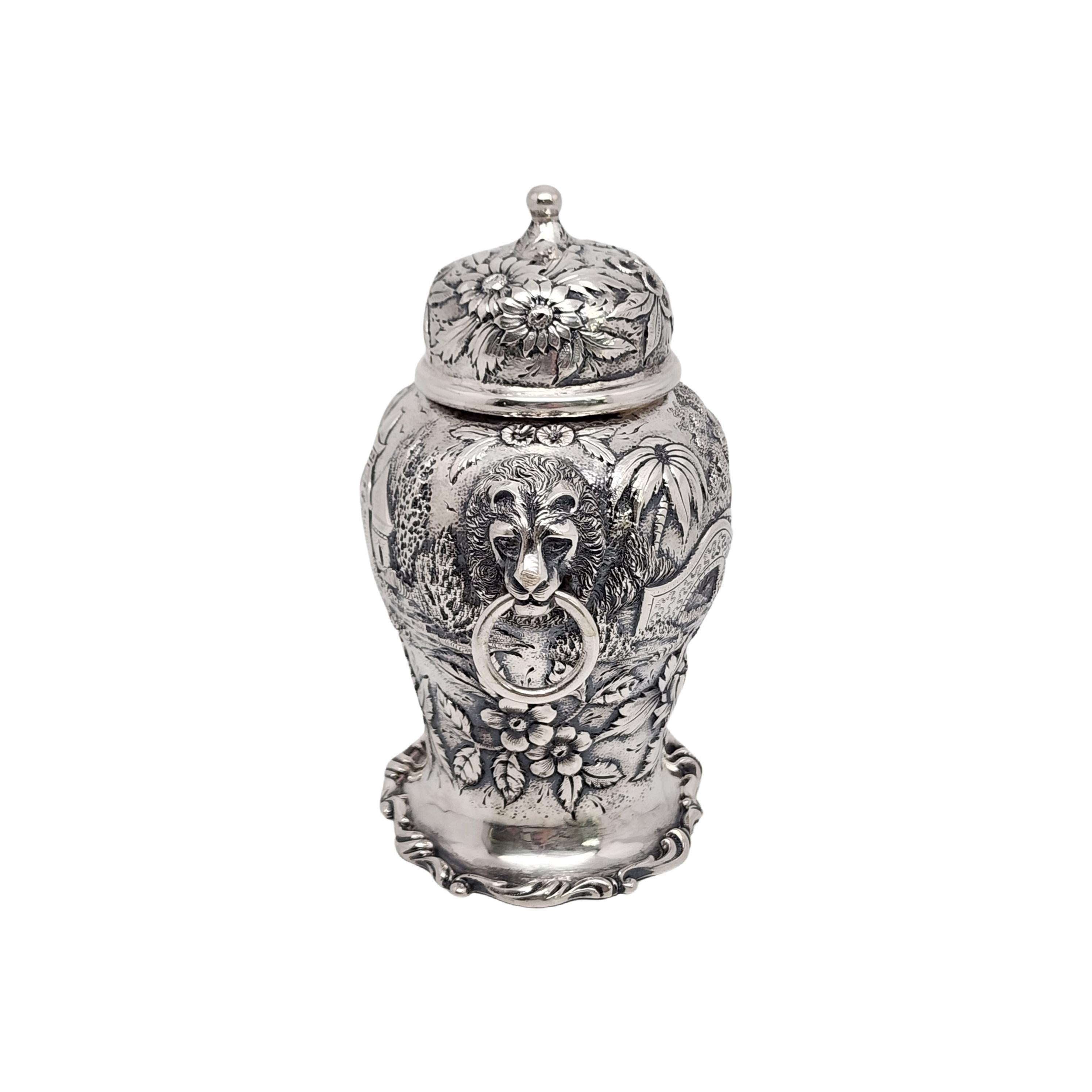 Antique repousse sterling silver tea caddy, pattern #19 by S. Kirk & Son.

No monogram

A beautifully ornate tea caddy in the renowned 