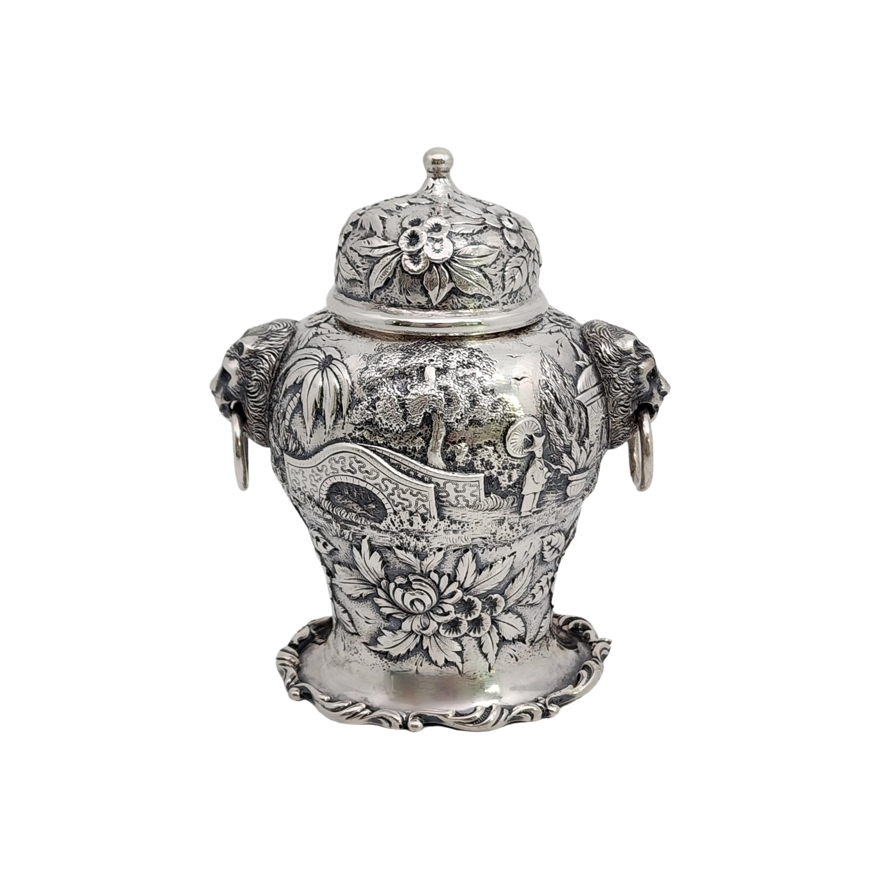 Antique S Kirk & Son Sterling Silver 19 Landscape Lion Handle Tea Caddy #15658 In Good Condition In Washington Depot, CT