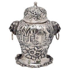 Ancienne boîte à thé S Kirk & Son en argent sterling 19 avec poignée en forme de lion #15658