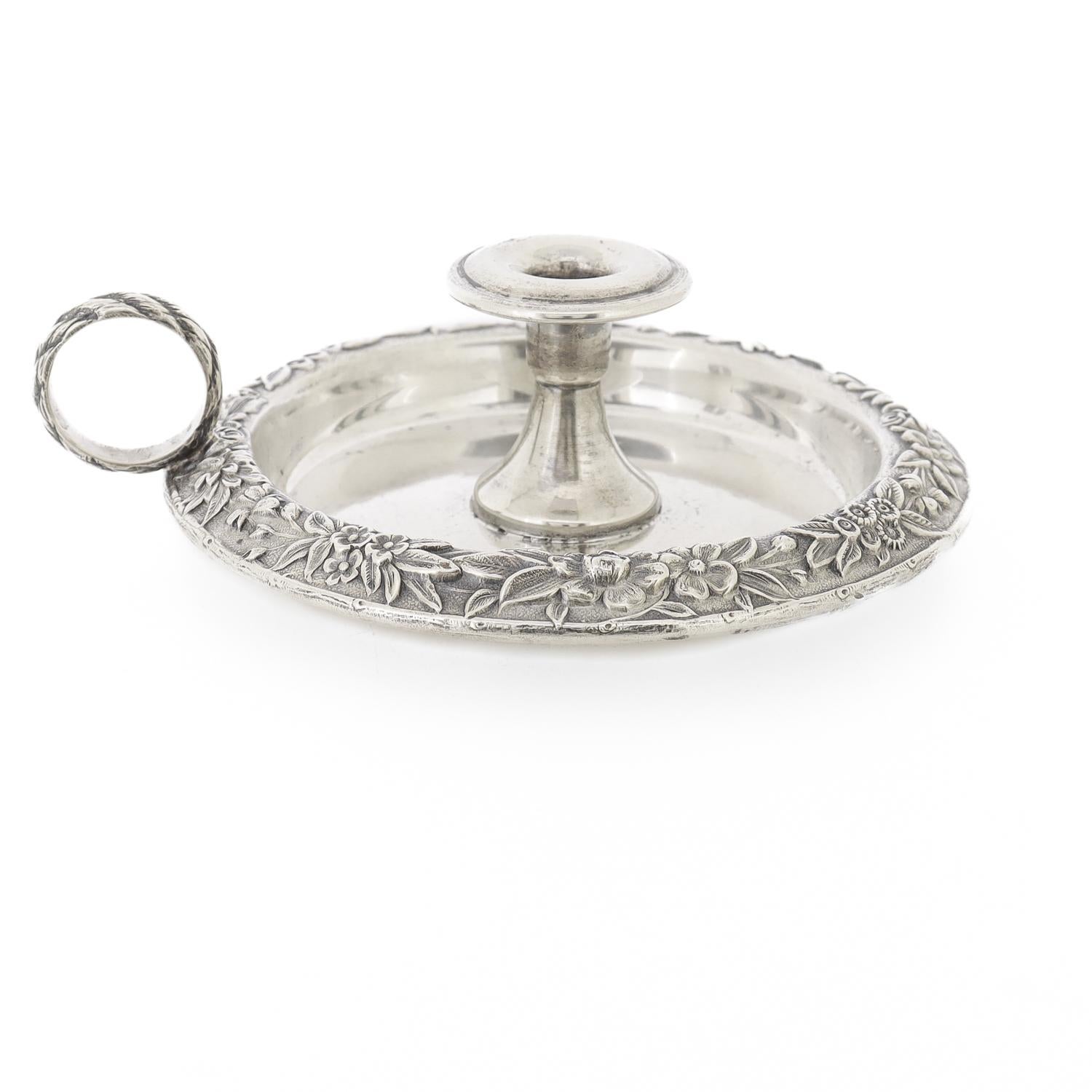 Antique S. Kirk & Son Sterling Silver Repousse Chamberstick Candle Holder In Good Condition In Philadelphia, PA