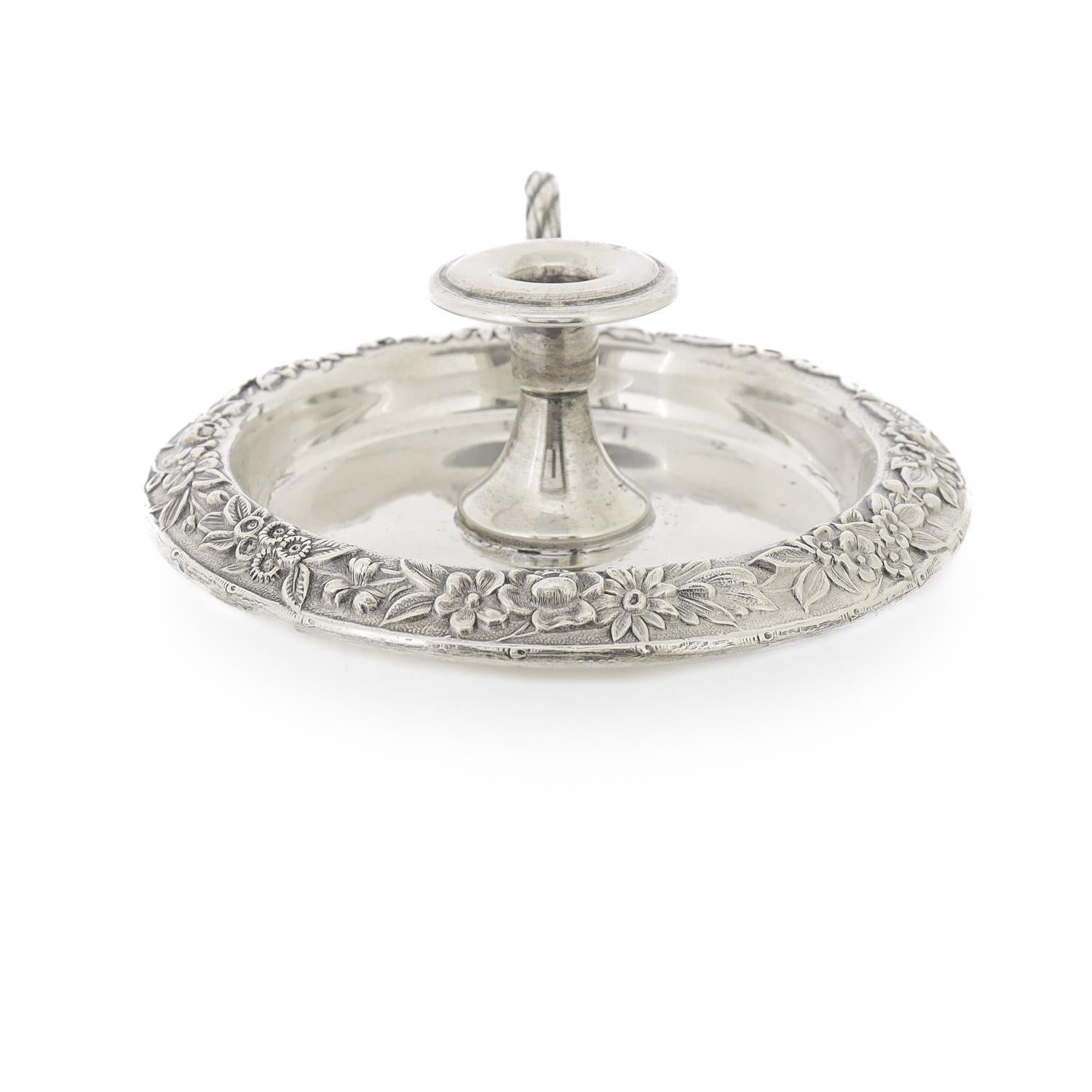 20th Century Antique S. Kirk & Son Sterling Silver Repousse Chamberstick Candle Holder