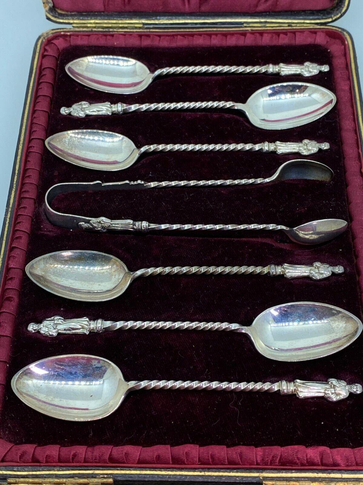 Late Victorian Antique S/Silver Spoon Set with Sugar Tongs by John M Banks. Birmingham, c1894. For Sale