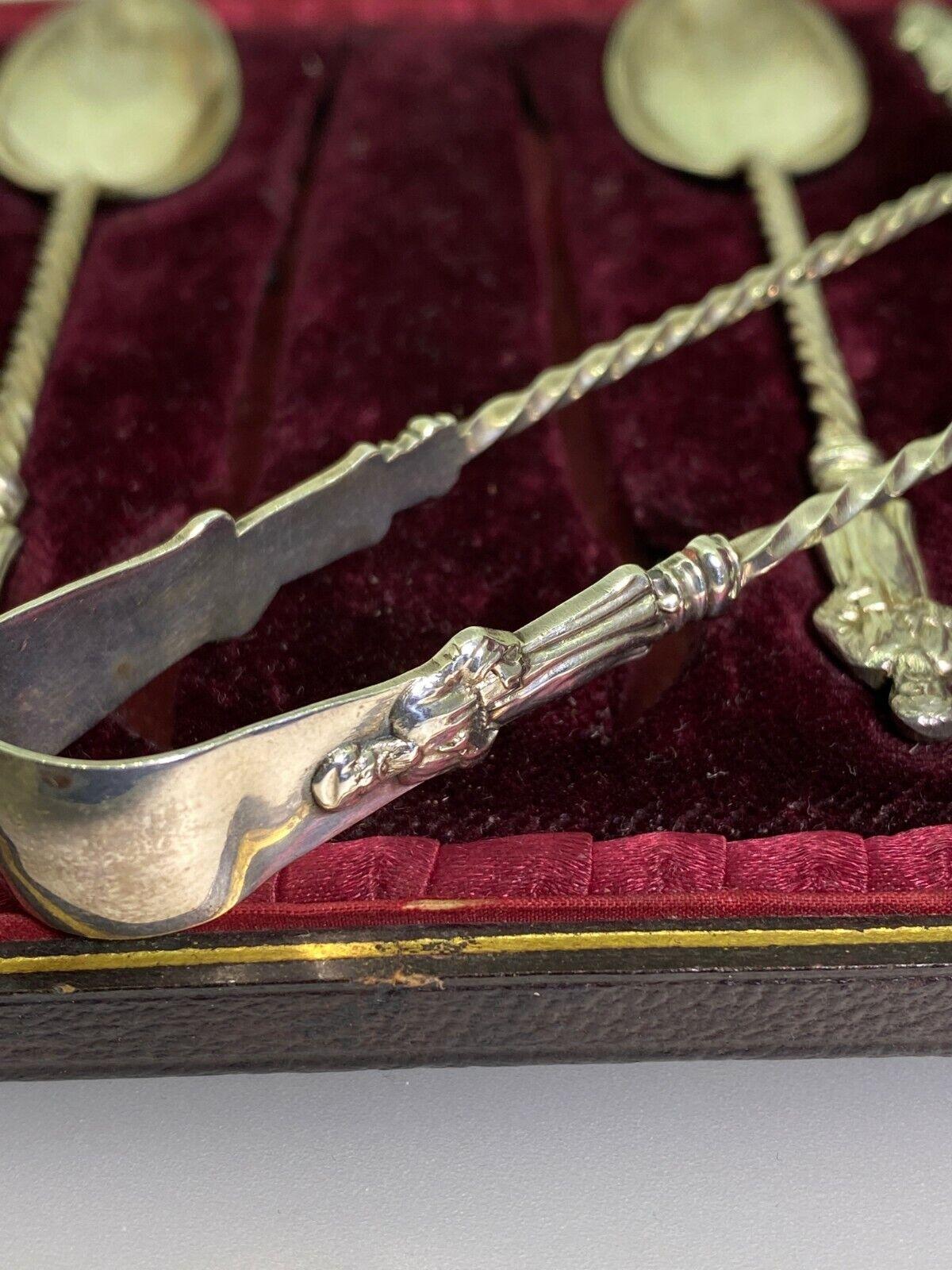 Antique S/Silver Spoon Set with Sugar Tongs by John M Banks. Birmingham, c1894. For Sale 2