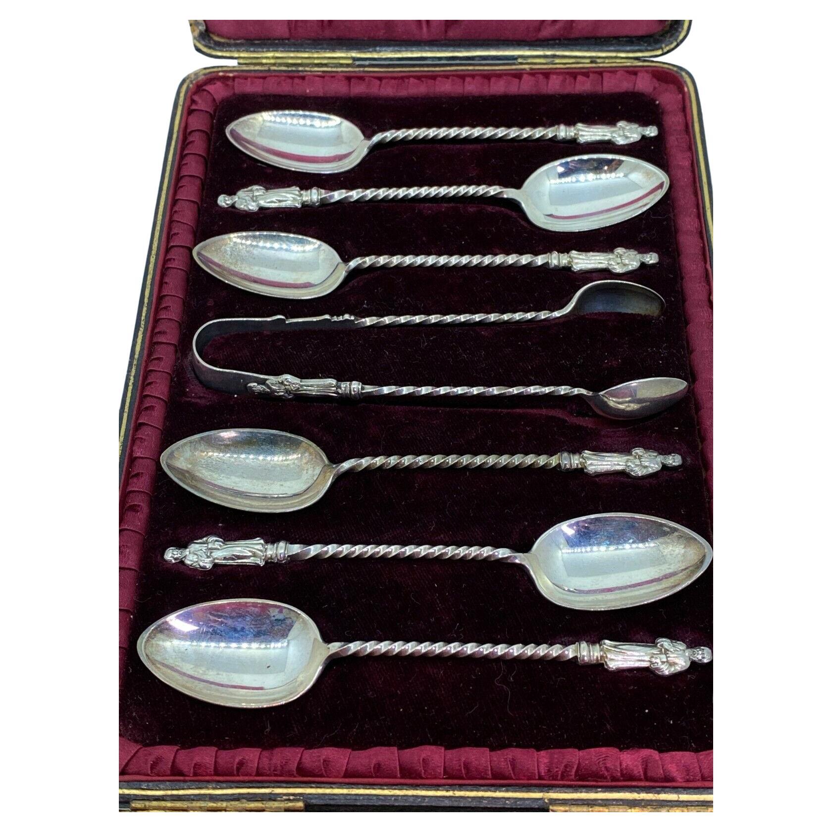 Antique S/Silver Spoon Set with Sugar Tongs by John M Banks. Birmingham, c1894. For Sale